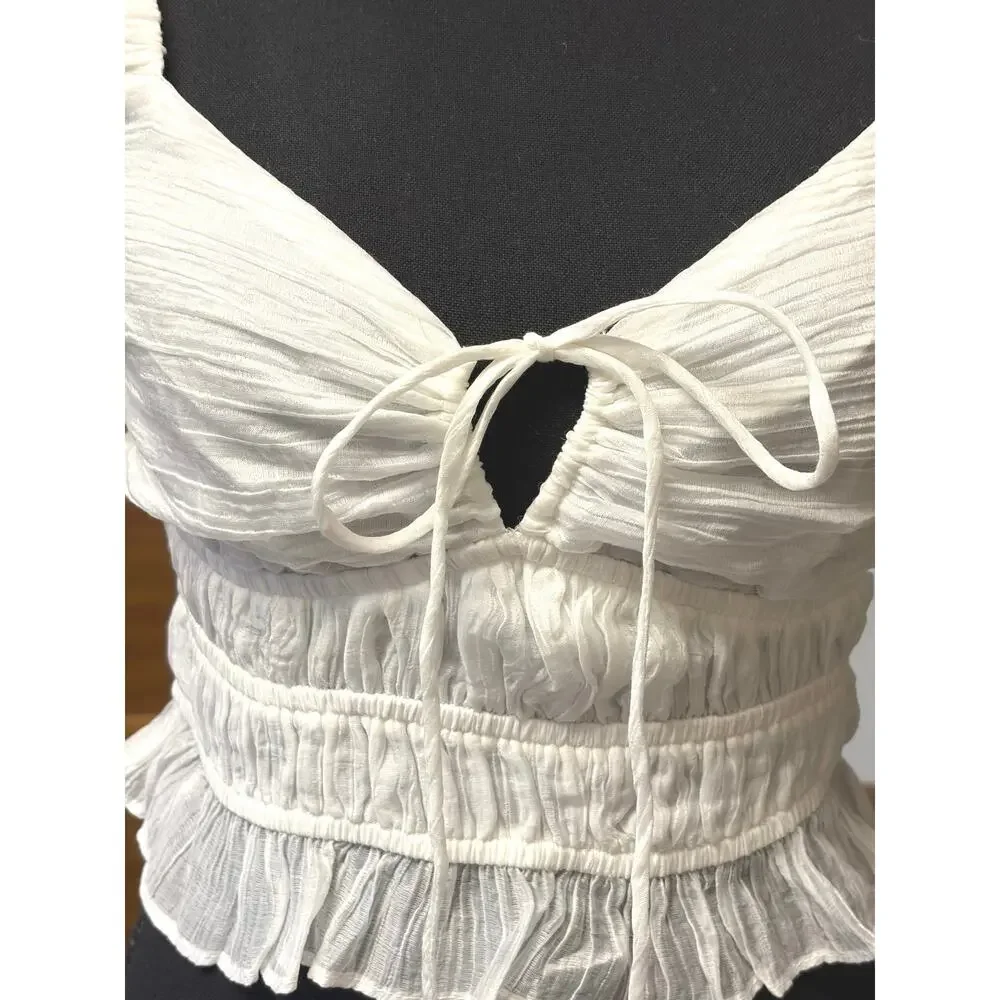 ASTR The Label White Smocked Puff Sleeve Crop Top XS Romantic Cottagecore 🌼